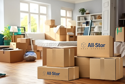 Pile of All-Stor boxes in a bed room