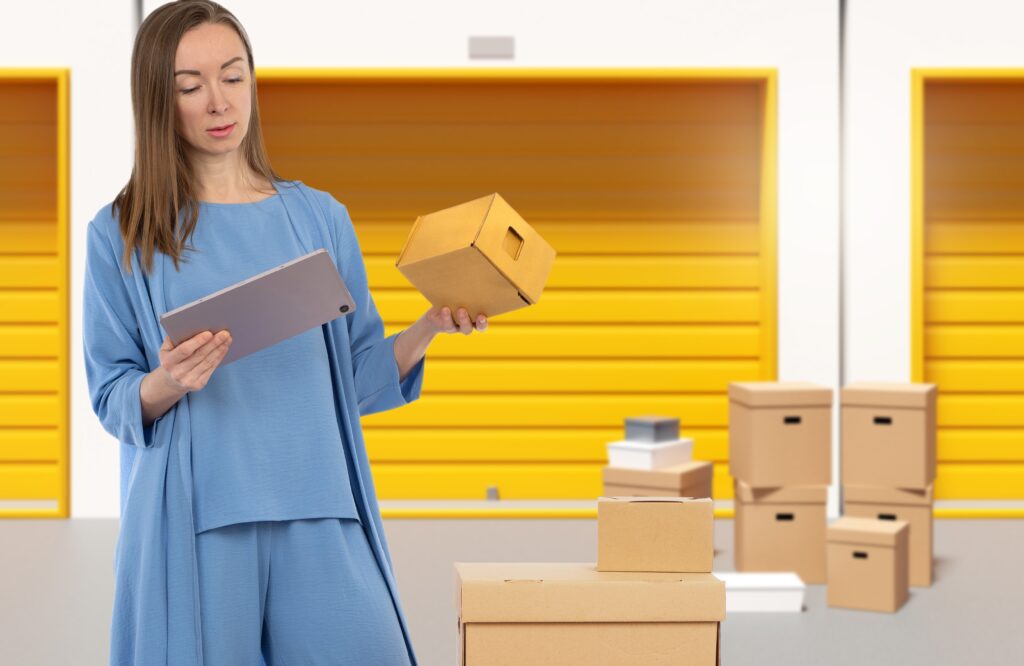 Woman near storage garage. Girl with storage boxes. Businesswoman picks up parcels from warehouse units. Woman rents storage garage for safekeeping. Lady selects warehouse via e-tablet