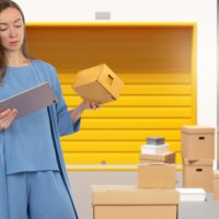 Woman looking at packages outside of a self storage unit