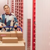 woman pushing cart full of packages down the hallway of an indoor self storage building